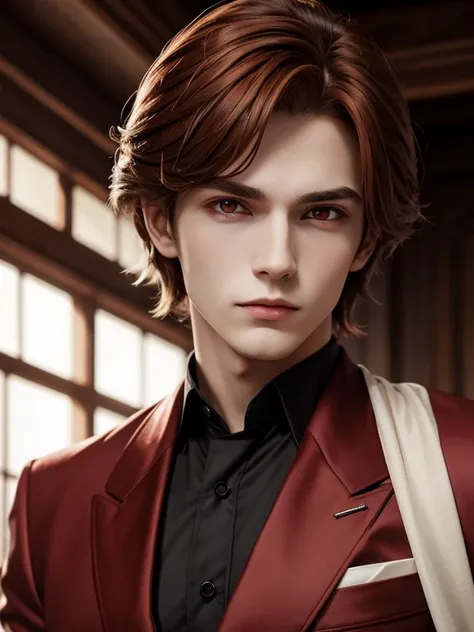 young male vampire, soft chestnut hair, bright red eyes, elegant clothing