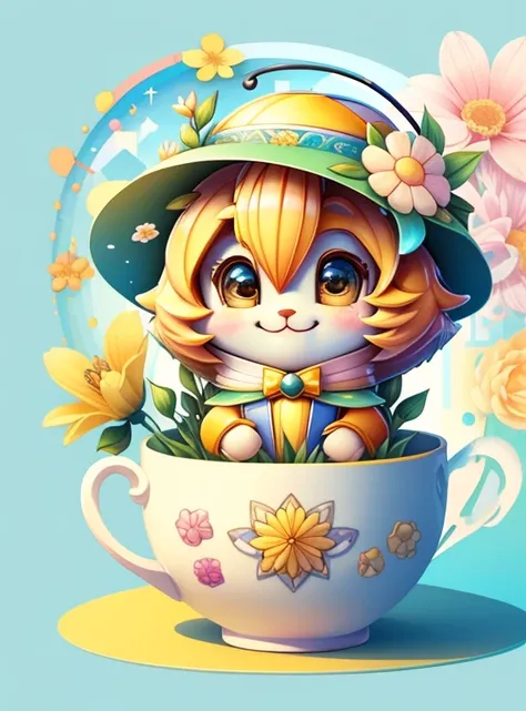 (cute honey bee smiling with a flowers hat in a beautiful cup), Munchkin  ,Geometric multidimensional wall portrait, livro de arte, Tchibi,
Yang08k, Beautiful, Colouring,
Obras, of the highest quality, best quality, Arte Oficial, Beautiful and Aesthetic,