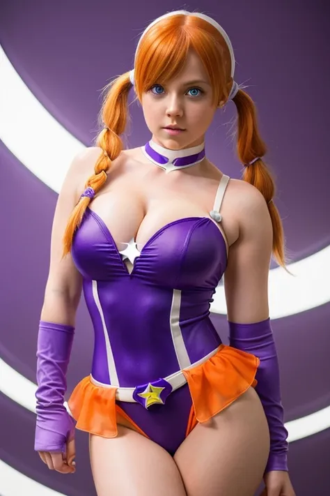 (Superhero girl:1.1), spiral eyes, perfect eyes, masterpiece, highly detailed, (bright orange hair:1.1), (short hair:1),(pigtails:1), (blue eyes:1), staring into camera, (cleavage:1), (white strapless superhero leotard with purple accents and a star symbol...