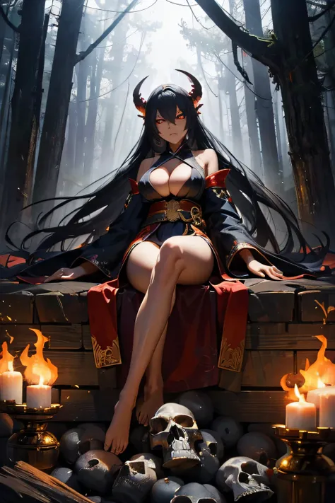 Japanese daemon woman (highly detailed face 1.6), (detailed legs 1.2), (detailed feet 1.2), hourglass body, dark skin, ultra detailed, large breasts, dynamic hair, long straight hair, sitting atop a pile of skulls in a japanese forest, dark, gritty, evil, ...