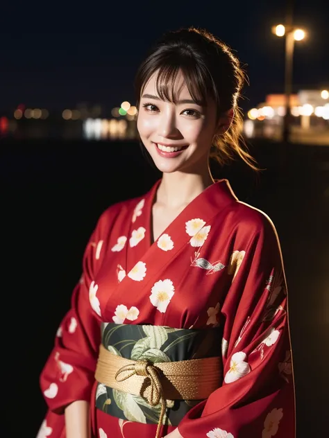 1girl in,(komono, Black kimono, with floral pattern, print kimono, sash, Wide sleeves, Obi),City Background,(Raw photo, Best Quality), (Realistic, Photorealsitic:1.4), masutepiece, extremely delicate and beautiful, Extremely detailed, 2k wallpaper, amazing...