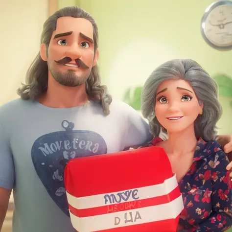 Homem com cavanhaque, bigode acentuado, Mulher com cabelos longos, cabelos cacheados, showing a mother&#39;s day gift, estilo 3D Disney, alta qualidade, melhor qualidade, olhos grandes e perfeitos, nariz perfeito, boca perfeita.