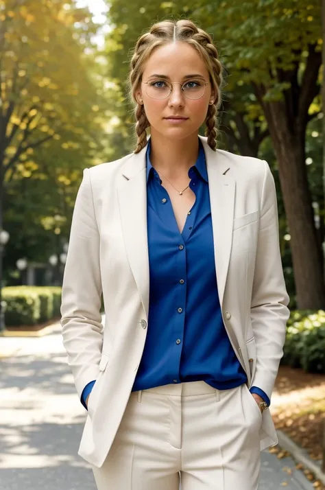 A friendly 27-year-old American PORTRAIT,woman, with short, neatly plaited and braided blonde hair, striking brown eyes, standing IN THE STREET, WHITE HOUSE, washington dc colored suit wearing eyeglass,black ,red, blue or mixed