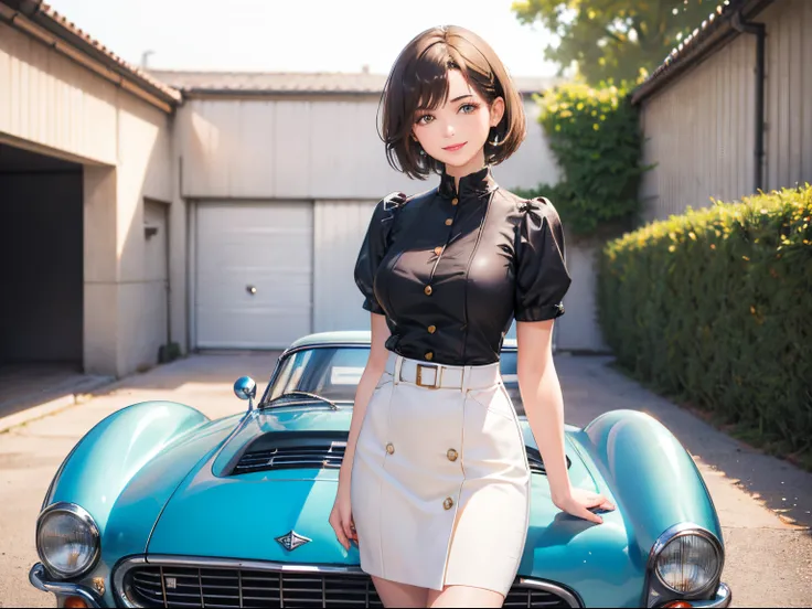 127
(a 20 yo woman, Standing), (A hyper-realistic), (high-level image quality), ((beautiful hairstyle 46)), ((short-hair:1.46)), (Gentle smile), (breasted:1.1), (lipsticks), (Large garage), (Depth of field is deep), (classic car)