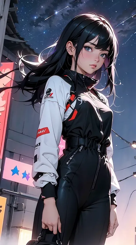 obra prima,  4K Ultra HD, foco nítido, realista, uma garota no estilo Gura Gawr de Hololive, but with the following characteristics: Athletic girl, Wearing a stylized black and white jumpsuit, in a Japanese city at dusk with a purple starry sky with some s...