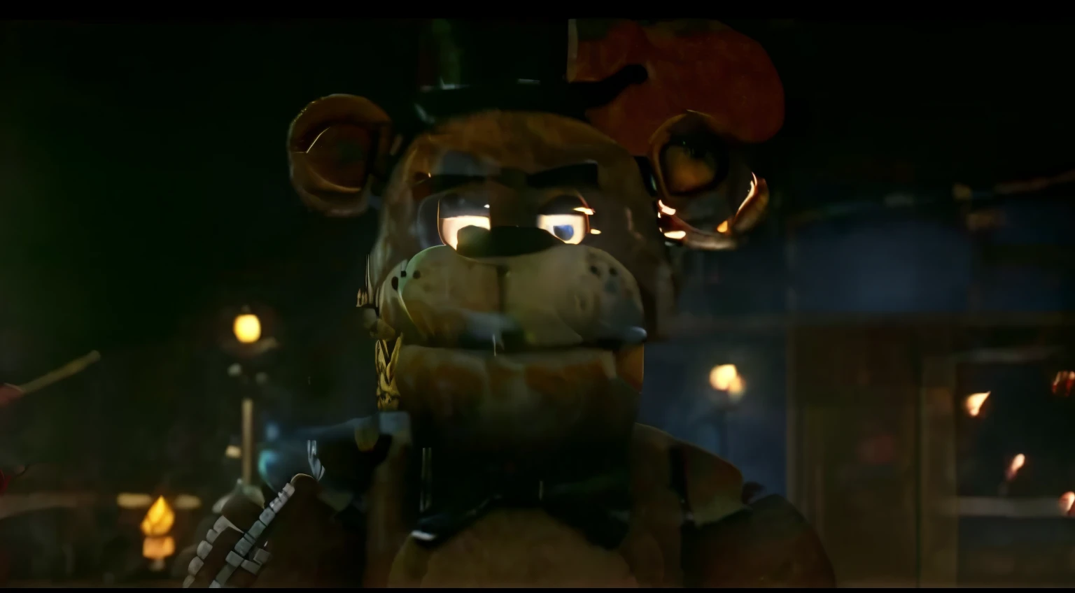 there  a fake five - eyed bear with hypno eyes with a bow tie on, having a seductive smile while looking down at you, five nights at freddys, five nights at freddy’s, freddy fazbear, five nights at freddys, fnaf, animatronic, freddy fazbears pizzeria, anim...