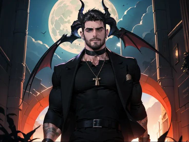 (absurdres, highres, ultra detailed), 1 male, adult, handsome, tall guy, broad shoulders, finely detailed eyes and detailed face, black leather clothes, night, smile, dutch angle, short hair, moon, forest, black horns in his head, earrings, black chocker, ...