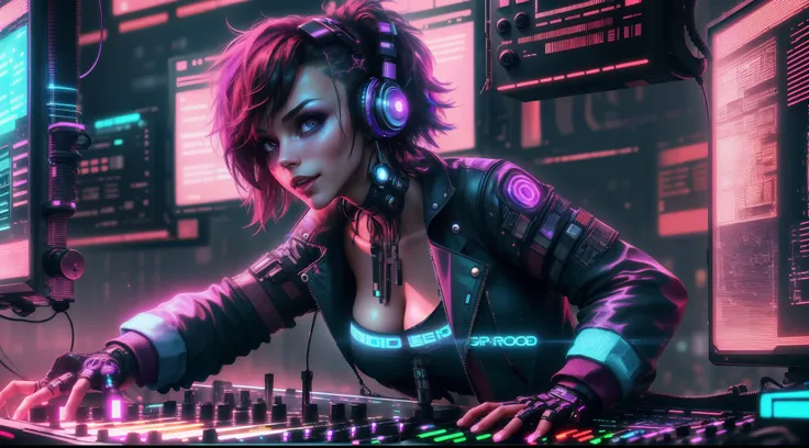 a cute, sexy, charming, good looking cyberpunk female dj from future playing dj set in the front of the crowd.