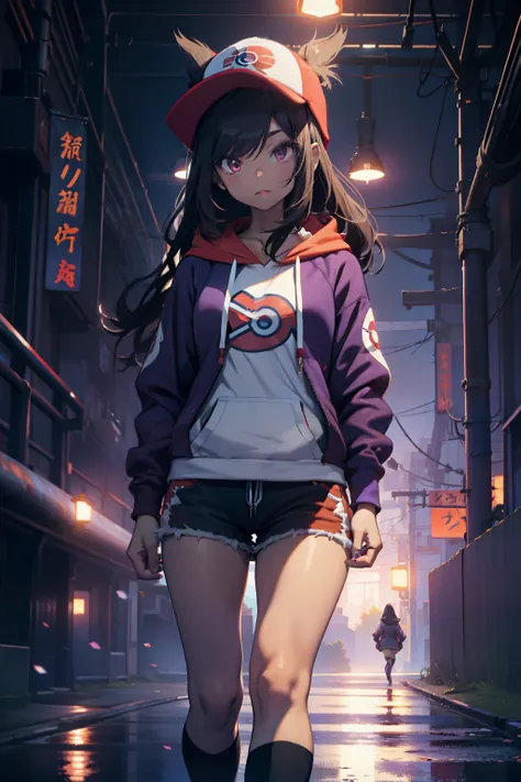 woman, pokemon trainer, asian, dark long hair, red chicks, white skin, skinny, wearing dark purple hoodie, shorts and high knee ...