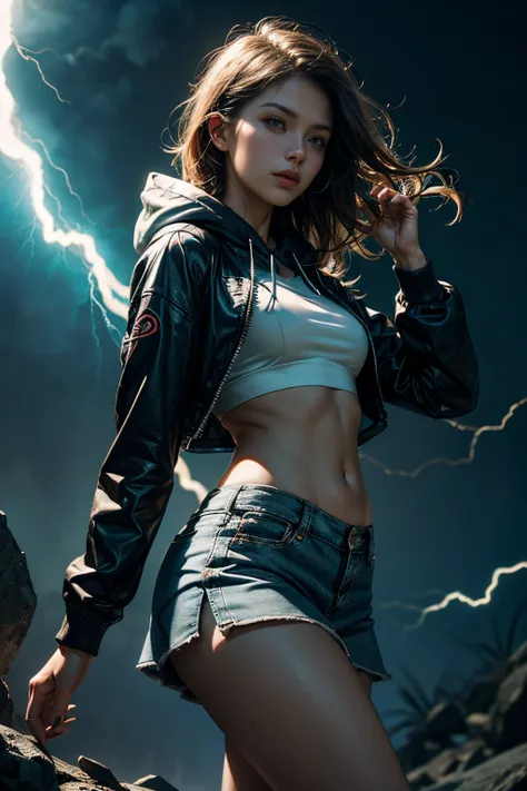 arafed woman in a short skirt and a hoodie posing for a picture, electric woman, she  attracting lightnings, light effect. feminine, splashes of lightning behind her, electricity aura, expert light effects on figure, fashion neon light, glowing lens flare ...