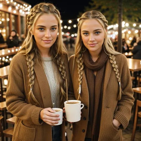 "Imagine a PORTRAIT of a friendly 27-year-old AmerICAN. She has short,neatly plaited and braided BLONDE hair, striking brown eyes. DRESSED for winter.outdoor restaurant drinking coffee"