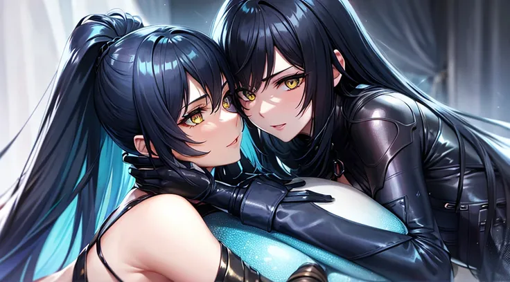 Beautiful women in long blue and black leather suits with yellow eyes hug each other