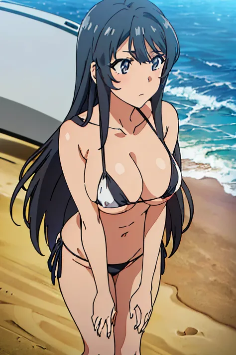 ((masutepiece, Best Quality, High resolution, anime screen cap, anime colours, in 8K, anime keyvisual)):1.5, mai, 1girl in, Cute, blush, (Long Black Hair:1.5), 14years, (Oversized large sagging breasts:1.5), cleavage, ((White Micro Bikini:1.5, Thin fabric)...