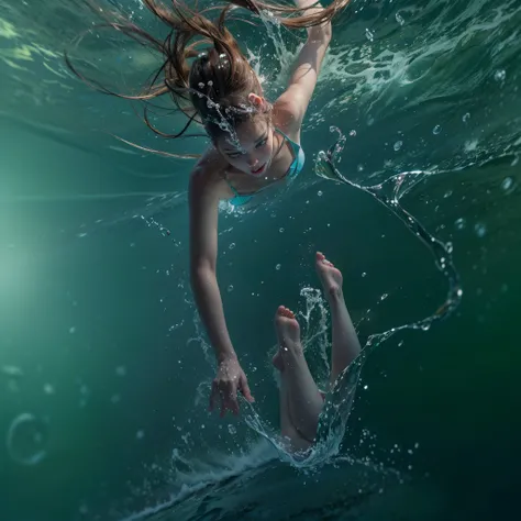 (8K, Original photography, Top image quality, masterpiece: 1.2), hyper HD, (Realistic, Photorealistic:1.37, RAW), realisticlying, A high resolution, softlighting. Tiny Girls, girl jumping into the water、Falling、jump into the water, diving to water surface