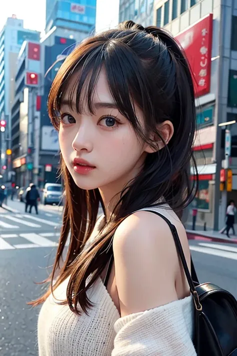 1girl、Streets of Tokyo、A city scape、highrise buildings、The upper part of the body、a closeup、4k、​masterpiece、realisitic、Photorealsitic、