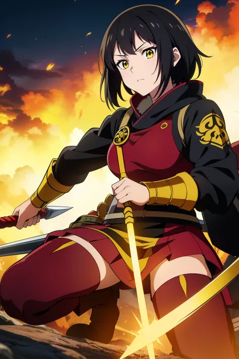 (Best Quality, masutepiece, High resolution, anime screen cap, anime colours, offcial art, black hair, yellow eyes, female warrior, spear