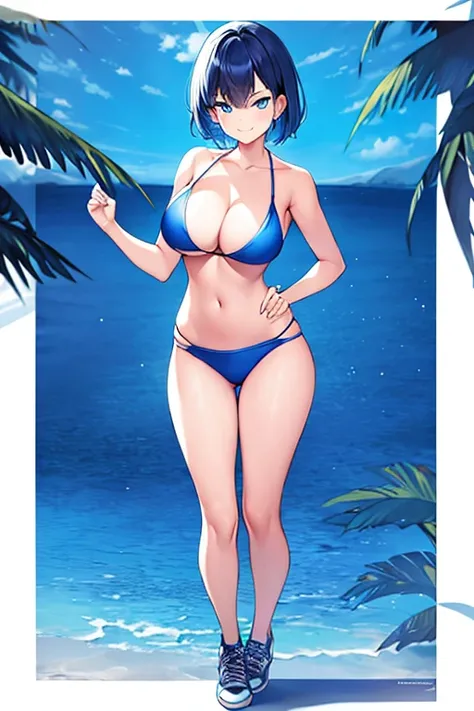 1girl, large breasts, breasts, wide hips, blue hair, very short hair, short hair, blue eyes, bikini, black bikini, neon trim, blue neon trim, smile, smirk, smug, futuristic, science-fiction, tech, machinery, shoes, sneakers, blue trim, v-string, tomboy