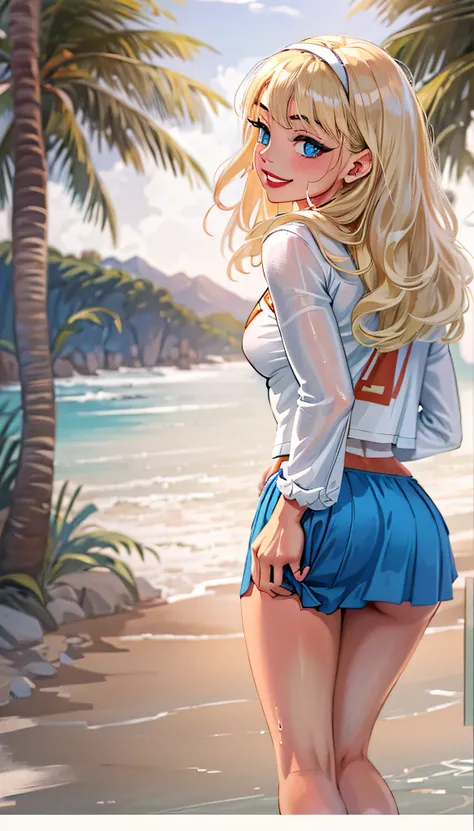 NSFW, masterpiece, best quality, 1girl, supergirl, blonde hair, long hair, hairband, blue eye, pleated skirt, (white crop top), looking back, upskirt, ass, smile, makeup, wet, lipstick, solo, sand, sea, tropical island background