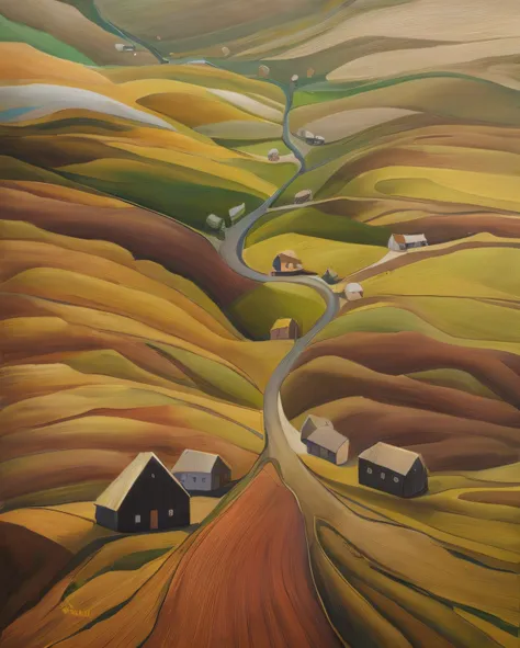 pintura de uma estrada sinuosa com casas compridas, Colinas fluidas, Casas e estradas, acima de uma aldeia, Faroe Islands landscape painting, inspirado em Kyffin Williams, Directed by: Marion Ancrum, by Júlíana Sveinsdóttir,  arte, inspirado em John Wonnac...