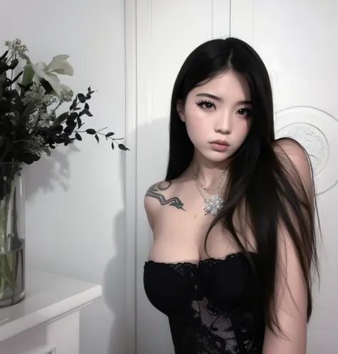 tem uma mulher com uma tatuagem no peito posando para uma foto, cruel korean goth girl, Asian girl, pale goth beauty, 18 anos, menina coreana, asian features, Beautiful Asian girl, 1 7 - year - old goth girl, 1 6 anos, an Asian woman, asian nymph bald godd...