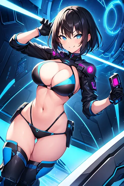 1girl, large breasts, breasts, wide hips, black hair, very short hair, short hair, blue eyes, bikini, black bikini, neon trim, blue neon trim, smile, smirk, smug, futuristic, science-fiction, tech, machinery, shoes, sneakers, blue trim, v-string