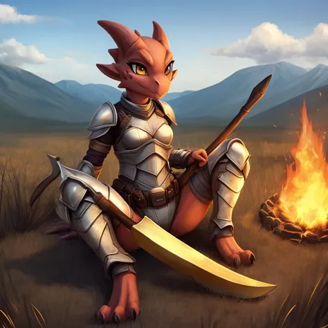 solo, female, kobold, short, small breasts, thin body, light armor, holding axe, in burning field, legs spread,