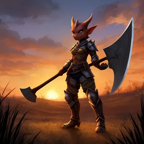 female, black kobold, short, small breasts, thin body, light armor, holding axe, standing in burning field, fighting goblin, dusk,