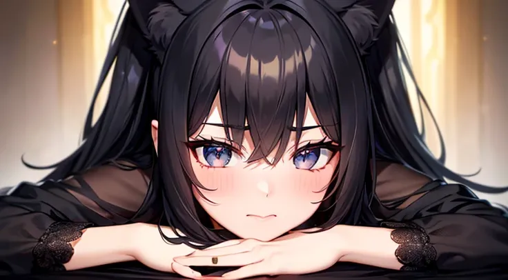 hot, fit, black hair, deep black eyes, thin lips, choker, medium ass and breasts, flowing black dress with ornate black ascents, cat ears, lightly blushing, casual clothes, casual looks, day time, on a golden throne, in a throne room. volume lighting, real...