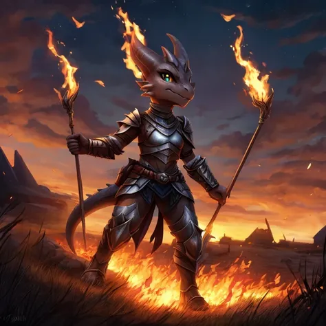 female, black kobold, short, small breasts, thin body, light half armor, holding spear, fighting monsters, burning field, dusk