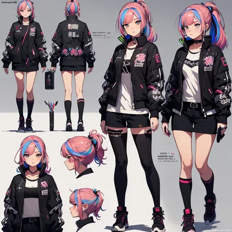 ((Masterpiece, Highest quality)), Detailed face, ((CharacterDesignSheet))， full bodyesbian, Full of details, Multiple poses and expressions, Highly detailed, Depth, ((beautiful Cyberpunk girl))，dressed in ((Harajuku street clothes, tech jacket)) double-pon...