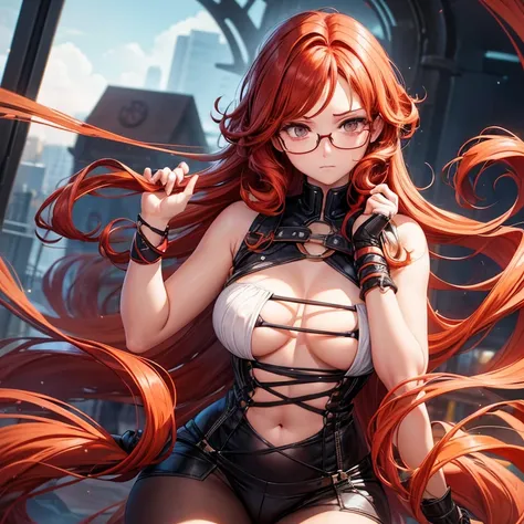 Can you draw an illustration of a nerdy but emo girl with small breasts,  and large thighs? She has short ginger red curls cascading onto her shoulders along with dark brown eyes. The girl also includes thick black round glasses. Make her in a lewd pose an...