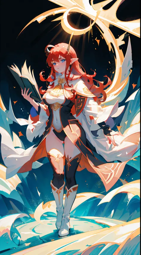 Beautiful girl, big breasts, red hair, long hair, wavy hair, white skin, blue eyes, long horns, black horns, pointy ears, white cape, long cape, white hood, black leotard, holding a mage staff, mage staff, white boots, black tights, holding a grimoire, gri...