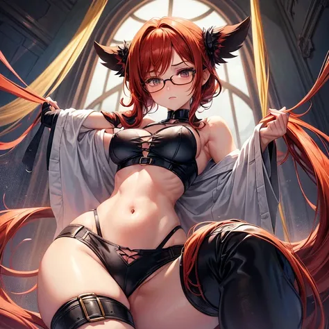 Can you draw an illustration of a nerdy but emo girl with small breasts,  and large thighs? She has short ginger red curls cascading onto her shoulders along with dark brown eyes. The girl also includes thick black round glasses. Make her in a sexual pose ...