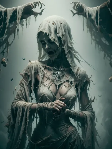 (ghost, spitits), ghostdarksouls, young woman, medium shot, (palms pressed against canvas) ghostly body, tattered ghostly clothes, (detailed clothes), ghost in background, spirit energy, trapped in a haunted oil painting, hyperrealism, ghostly, trapped, (p...