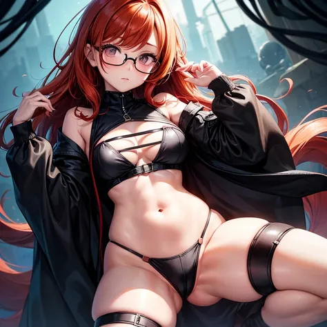 Can you draw an illustration of a nerdy but emo girl with small breasts,  and large thighs? She has short ginger red curls cascading onto her shoulders along with dark brown eyes. The girl also includes thick black round glasses. Make her in a sexual pose ...