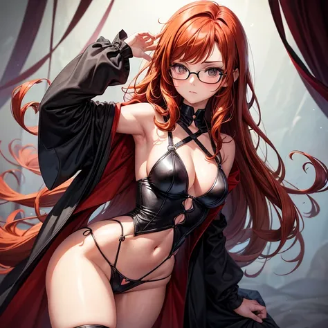 Can you draw an illustration of a nerdy but emo girl with small breasts,  and large thighs? She has short ginger red curls cascading onto her shoulders along with dark brown eyes. The girl also includes thick black round glasses. Make her in a sexual pose ...