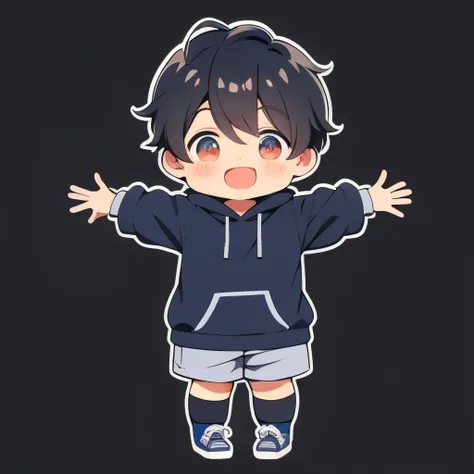 Reaping、Brown hair、shoun、shoun,twinks、Very short、1 persons,short-haired, report, (twitch emote:1), Chibi, Black eyes, comic strip, man、white backgrounid, a sticker, Thick black outline,、short-haired、elementary student、full body Esbian、Blue shorts、short-hai...