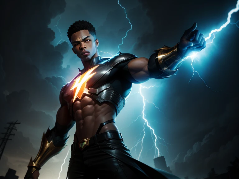 supervillan that can manipulate electricity make a lightskin guy standing in the darkness with his hand up showing a bolt of a lightning strike,