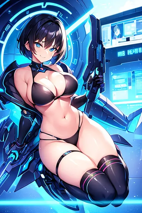 1girl, large breasts, breasts, wide hips, black hair, very short hair, blue eyes, bikini, black bikini, neon trim, blue neon trim, smile, smirk, smug, futuristic, science-fiction, tech, machinery, shoes, sneakers, blue trim, v-string, ornament, full body