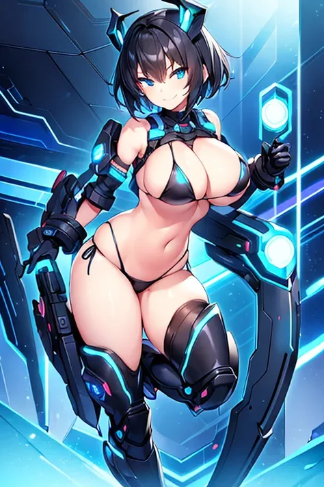 1girl, large breasts, breasts, wide hips, black hair, very short hair, blue eyes, bikini, black bikini, neon trim, blue neon trim, smile, smirk, smug, futuristic, science-fiction, tech, machinery, shoes, sneakers, blue trim, v-string, ornament, full body