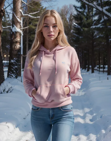 beautiful european girl , 29 years old, with blue eyes and blonde hair, jeans and pink hoody, sexy, walking in a snow park, ultra high resolution, (photorealistic: 1.4), high resolution ,( blue eyeinely detailed skin), (perfectly proportions) (photos reali...