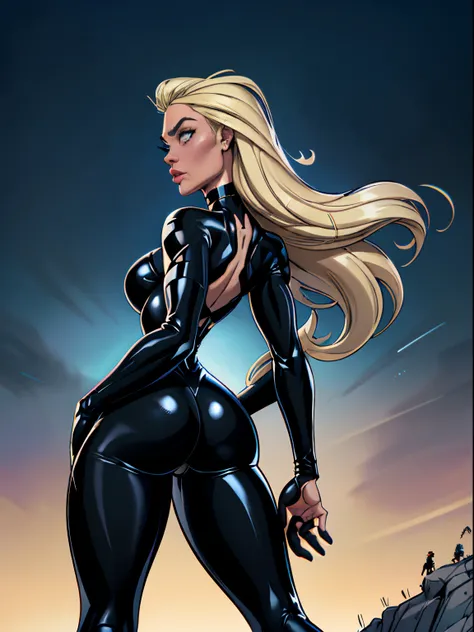 (melhor qualidade, obra-prima: 1.3), (((profile view))), (((Side view))), 1girl, Long blonde hair FLUTTERING IN THE WIND, rosto da Margot Robbie, rosto perfeito, perfect hands, dedos perfeitos, topo de corte, wearing a black latex jumpsuit with a large bla...