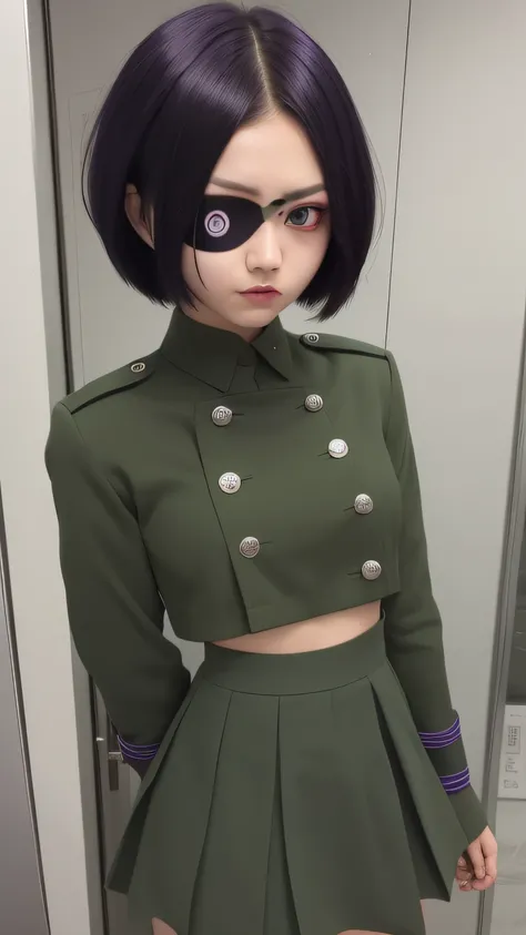 masterpiece, best quality, intricate detail, chrome dokuro, black hair, eyepatch, (purple eyes:1.1), short hair, crop top, eyepatch, school uniform, serafuku, skirt, green uniform, UHD, 8K,