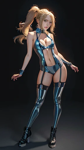 samus aran, Blondie, ponytail, extremely delicate and beautiful girl, intricate detail, Depth of field bloom, extremely fine and beautiful, Full body shoot, ((whole body)), ((The girl in the center of the frame)), focus on eyes, head_tilt, ((beautiful deta...