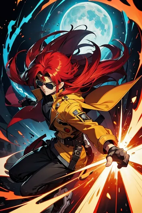 a man with long red hair in a yellow coat and sunglasses, Traje real de Akira, Gatilho Estilo de Arte de Anime, guilty gear strive splash art, arte chave do anime, Arte Oficial, Parte Brando, arte oficial altamente detalhada, Estilo de arte Guilty Gear, Ep...