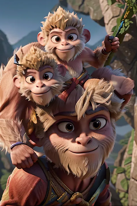 pixar movie: cute cartoon  Sun Wukong The monkey king fighting demons in mountains, titled Journey to the west