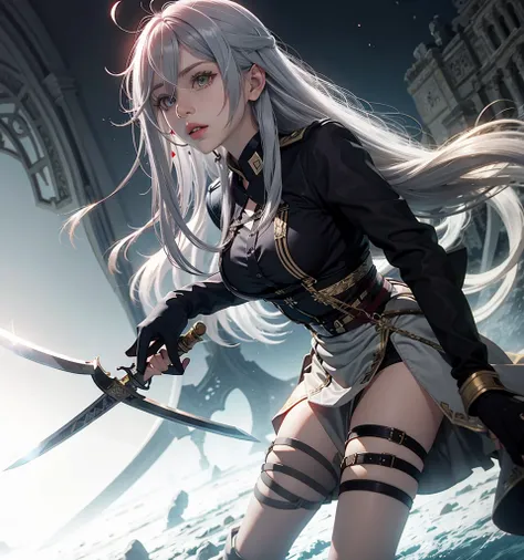 vladilenalora, long hair, grey eyes, grey hair, sword,