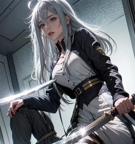 vladilenalora, long hair, grey eyes, grey hair, sword,