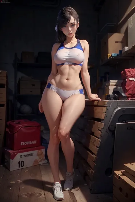 1girl, (master piece: 1.1), young, mature body, medium breasts, wide hips, gym storeroom, sports bra, bike shorts, full body, detailed eyes, detailed face masterpiece, best quality, highly detailed