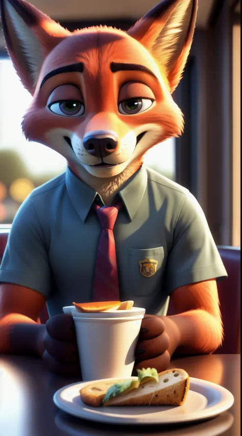 nick wilde from zootopia alone having an afternoon snack in a cafeteria wearing the standard outfit from the film looking at the...